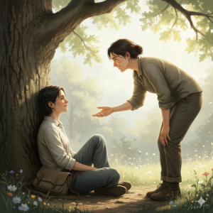 Two people outdoors under a tree in gentle sunlight. On the left, a slightly pale person sits on the ground, leaning calmly against the tree with a small bag beside them — looking tired but peaceful. On the right, another person stands close by, leaning forward slightly, offering a helping hand with a kind smile. Both make eye contact and smile warmly. The scene feels caring, calm, and hopeful. Natural light, soft colors, realistic style, shallow depth of field, focus on empathy and connection.